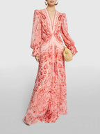 Vestido Longo Estampado Acinturado com Mangas Longas Elegantes – Clarisse