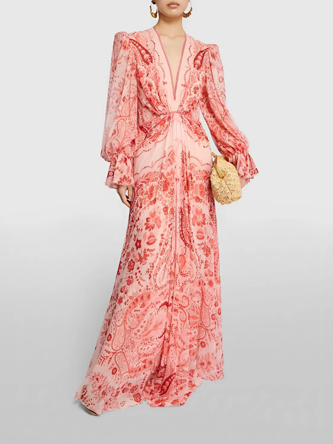 Vestido Longo Estampado Acinturado com Mangas Longas Elegantes – Clarisse