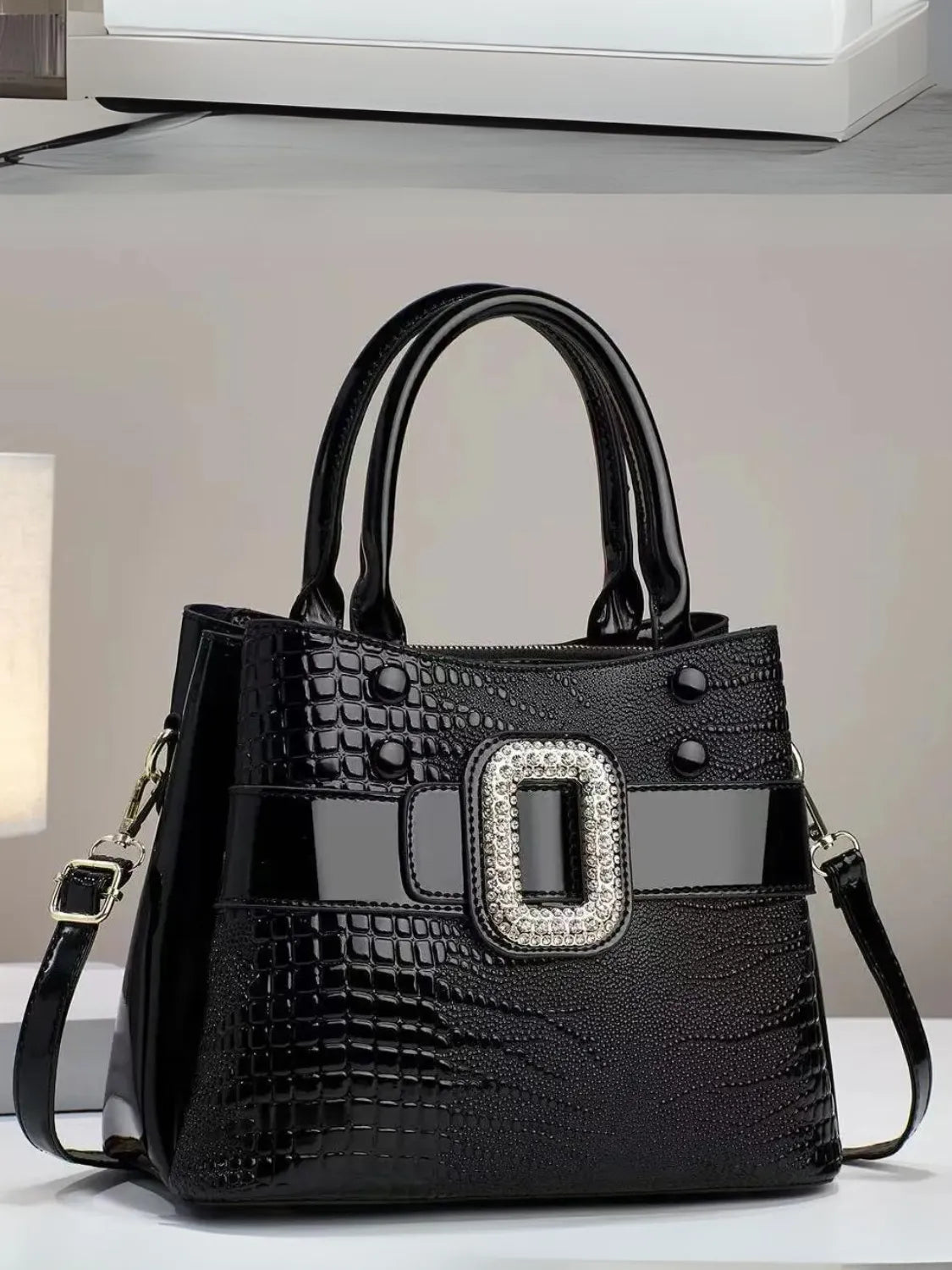 Bolsa Feminina de Ombro em Couro Brilhante com Textura Crocodilo - Tereza [FRETE FULL]