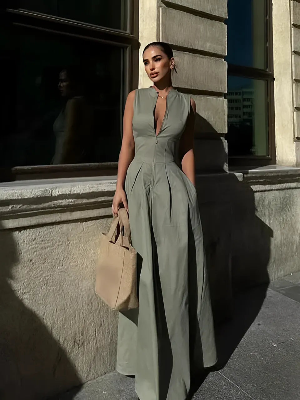 Vestido Longo com Zíper no Busto, Cintura Império e Bolsos – Liriel [FRETE FULL]