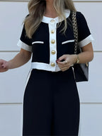 Conjunto Feminino Confortável Blusa Cropped com Botões e Calça de Cintura Alta - Victoria [FRETE FULL]