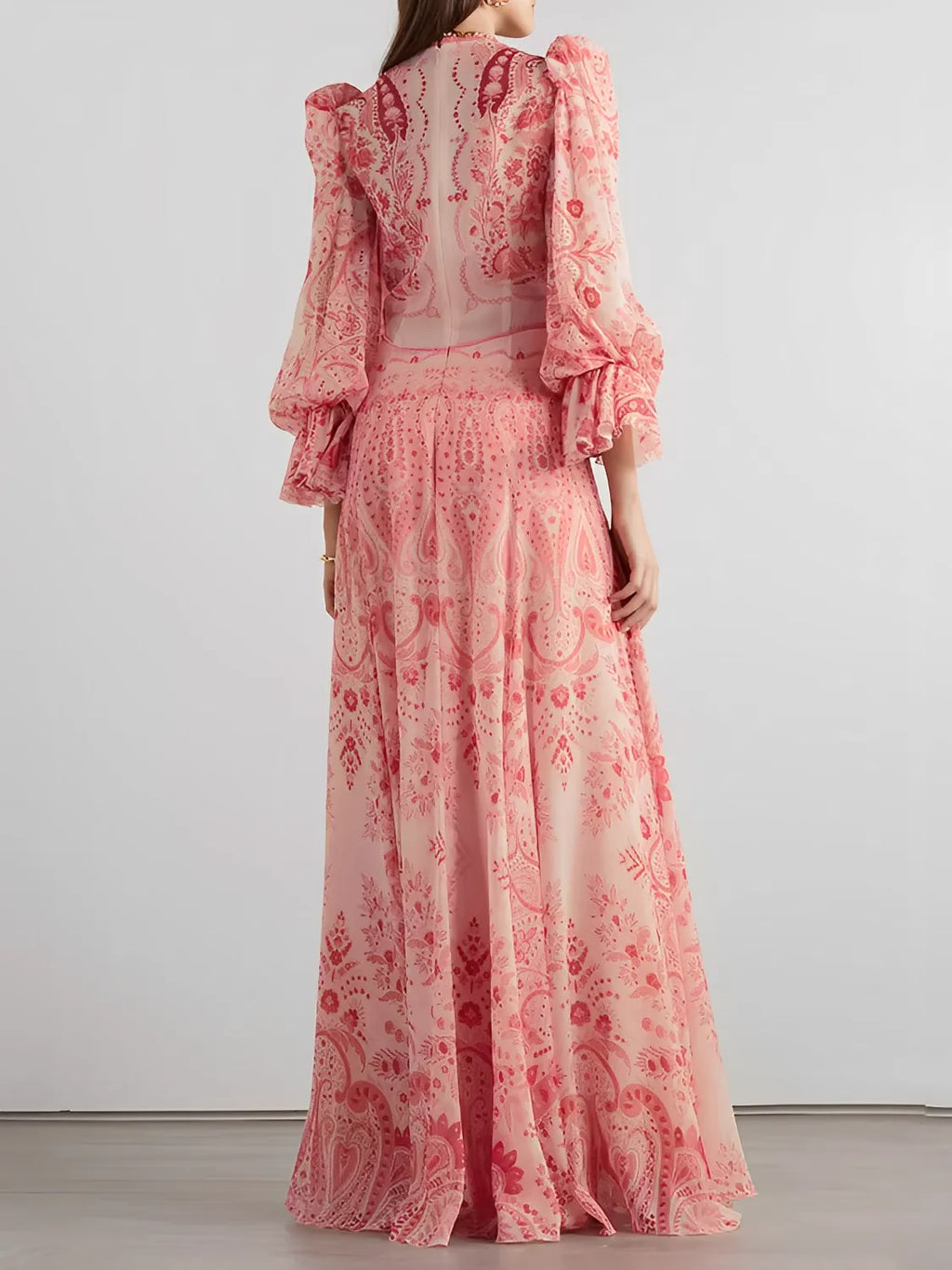 Vestido Longo Estampado Acinturado com Mangas Longas Elegantes – Clarisse