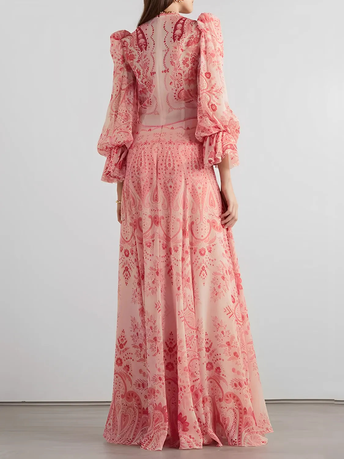 Vestido Longo Estampado Acinturado com Mangas Longas Elegantes – Clarisse