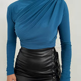 Blusa de Manga Longa com Gola Alta e Design Franzido Frontal – Layla