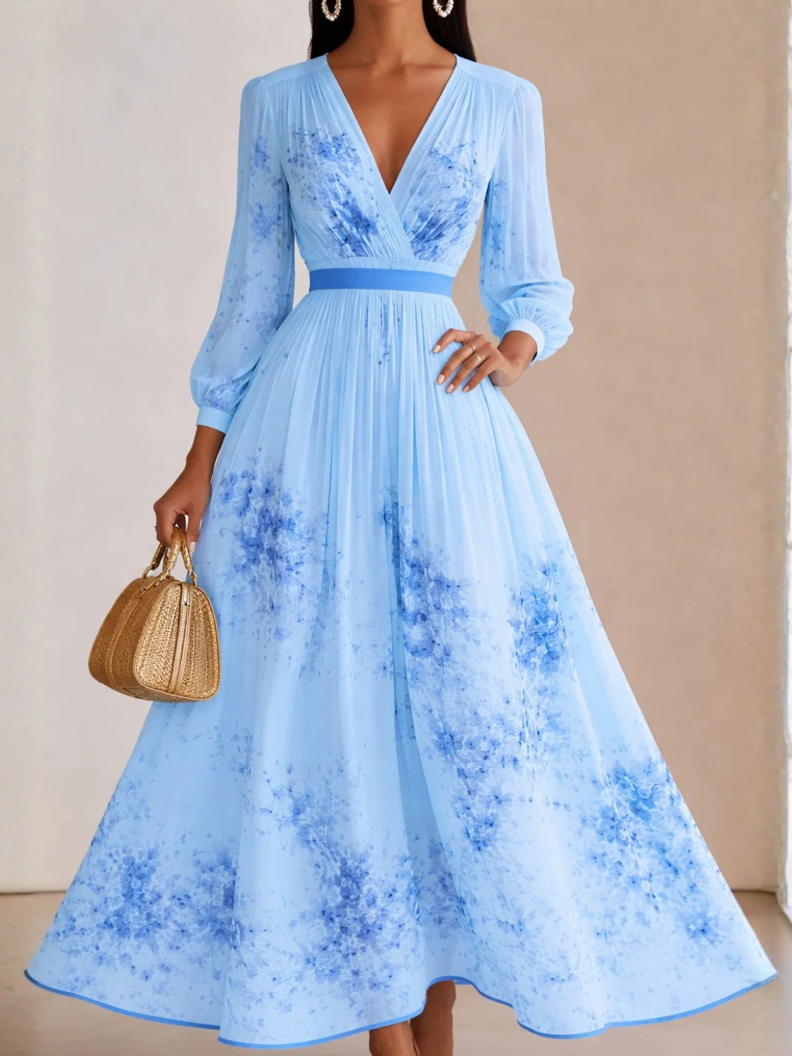 Vestido Longo Plissado Floral com Decote em V e Cinto-Faixa – Seraphina [FRETE FULL]