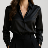 Camisa Acetinada com Gola Lapela e Punhos Retos – Iolanda